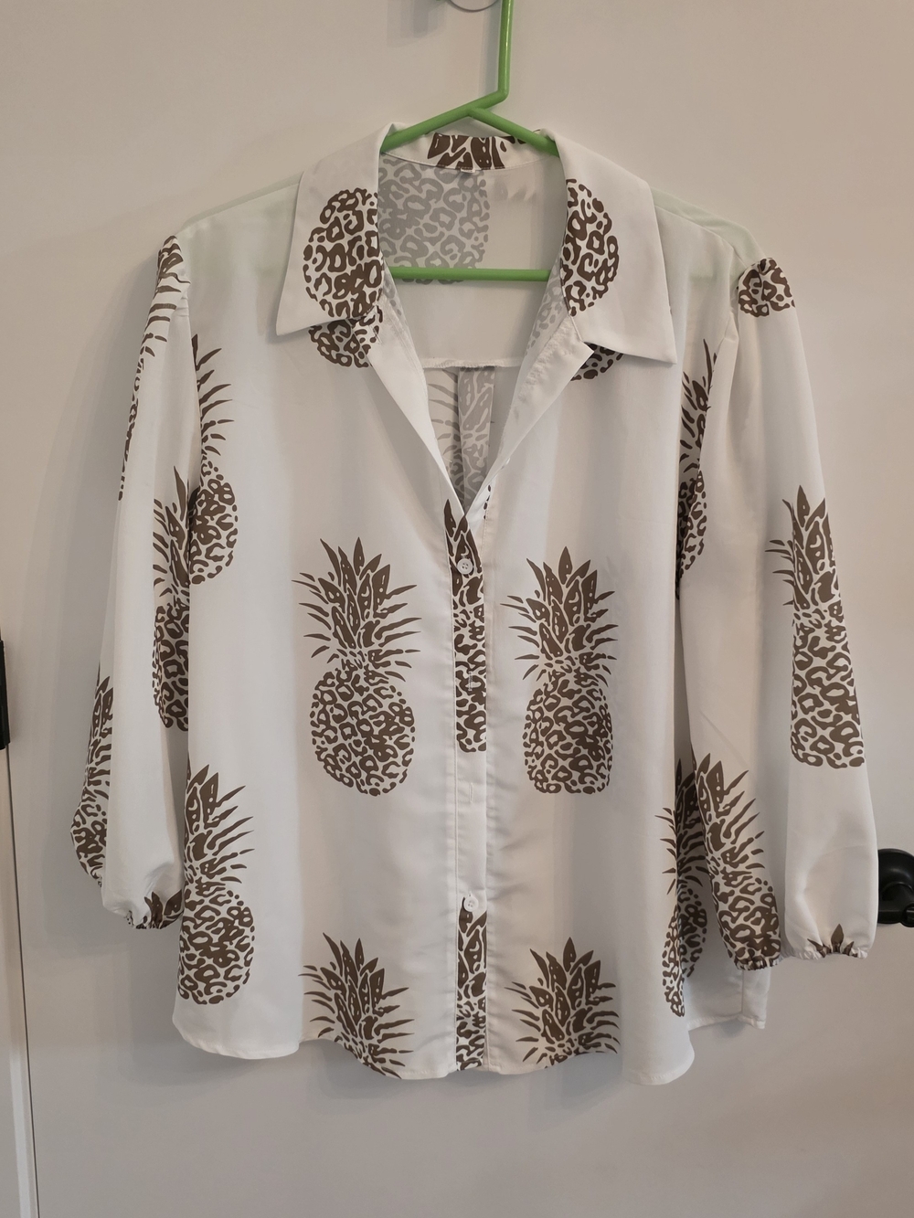 White Pineapple Print Button-Up Blouse